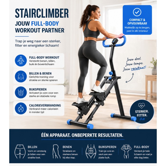 BlockFit® Stair Stepper - Sport apparatuur voor thuis - Fitness stepapparaat - Stairclimber - Stepapparaat - Home gym - Inklapbaar - LCD display - Stairmaster - Hoogte verstelbaar - Antislip - Blauw