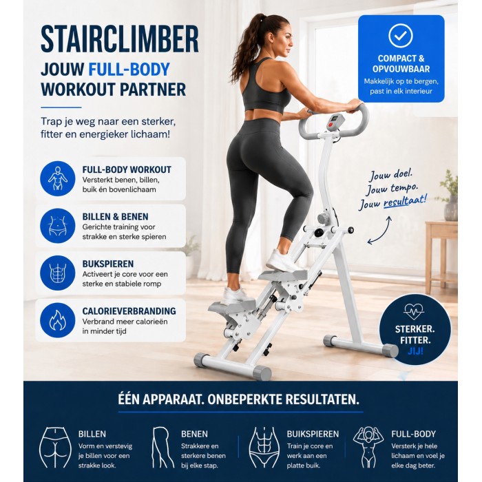 BlockFit® Stair Stepper - Sport apparatuur voor thuis - Fitness stepapparaat - Stairclimber - Stepapparaat - Home gym - Inklapbaar - LCD display - Stairmaster - Hoogte verstelbaar - Antislip - Grijs