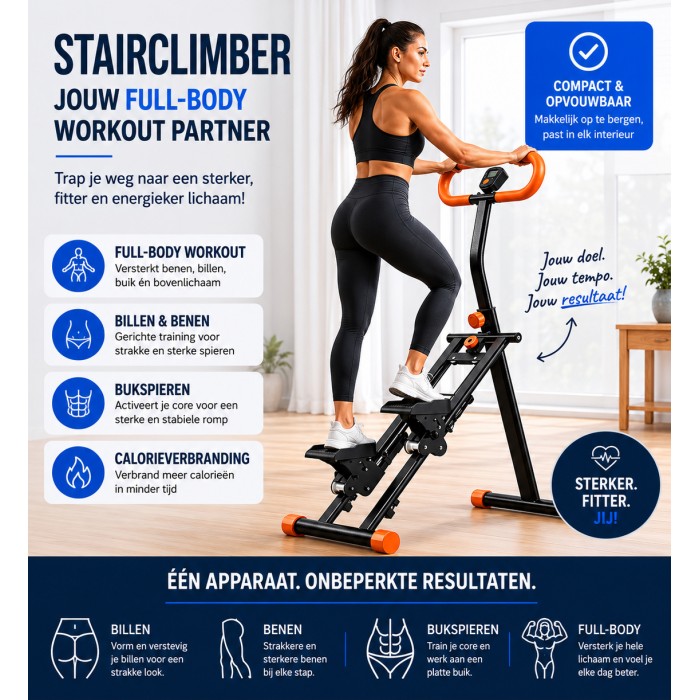 BlockFit® Stair Stepper - Sport apparatuur voor thuis - Fitness stepapparaat - Stairclimber - Stepapparaat - Home gym - Inklapbaar - LCD display - Stairmaster - Hoogte verstelbaar - Antislip - Oranje