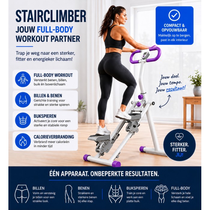 BlockFit® Stair Stepper - Sport apparatuur voor thuis - Fitness stepapparaat - Stairclimber - Stepapparaat - Home gym - Inklapbaar - LCD display - Stairmaster - Hoogte verstelbaar - Antislip - Paars