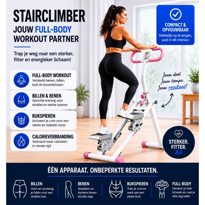 BlockFit® Stair Stepper - Sport apparatuur voor thuis - Fitness stepapparaat - Stairclimber - Stepapparaat - Home gym - Inklapbaar - LCD display - Stairmaster - Hoogte verstelbaar - Antislip - Roze