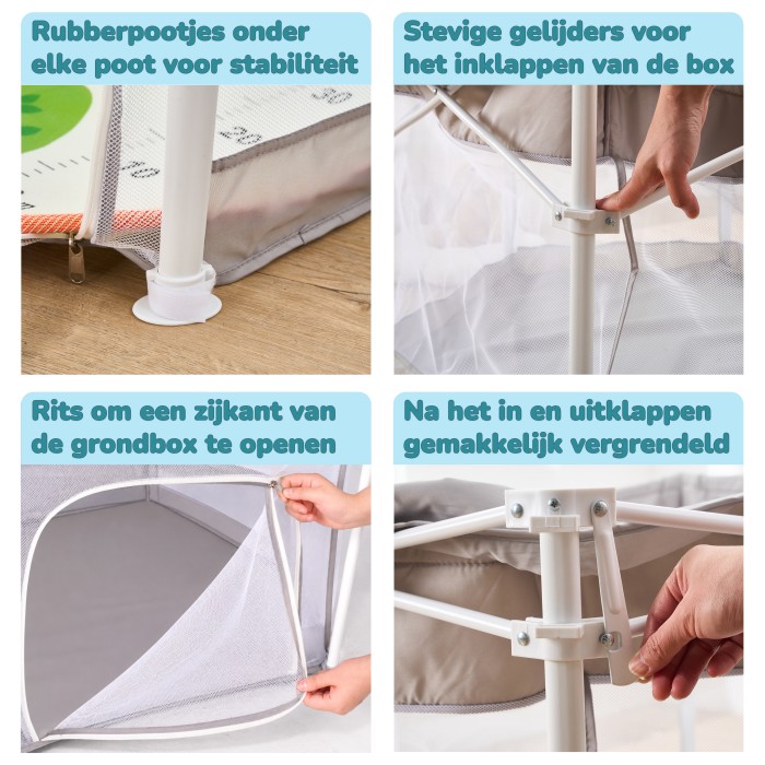 BlockPlay® Grondbox inklapbaar Baby Zeshoek 127x127 cm - Speelbox - Playpen - Kinderbox – Kruipbox – Ballenbak - Inclusief speelmat 50 speelballen draagtas en 2 optrek hendels – Grijs 