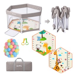 BlockPlay® Grondbox inklapbaar Baby Zeshoek 127x127 cm - Speelbox - Playpen - Kinderbox – Kruipbox – Ballenbak - Inclusief speelmat 50 speelballen draagtas en 2 optrek hendels – Grijs 