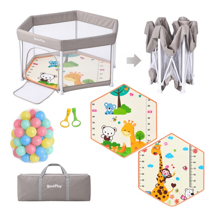BlockPlay® Grondbox inklapbaar Baby Zeshoek 127x127 cm - Speelbox - Playpen - Kinderbox – Kruipbox – Ballenbak - Inclusief speelmat 50 speelballen draagtas en 2 optrek hendels – Grijs 