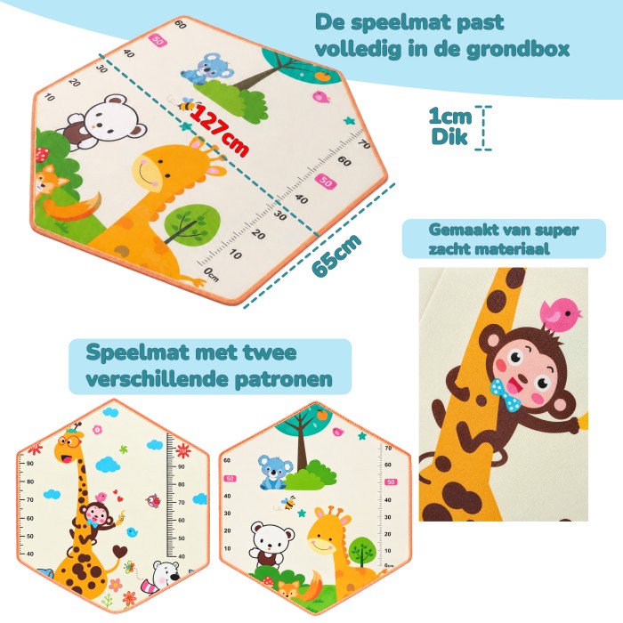 BlockPlay® Grondbox inklapbaar Baby Zeshoek 127x127 cm - Speelbox - Playpen - Kinderbox – Kruipbox – Ballenbak - Inclusief speelmat 50 speelballen draagtas en 2 optrek hendels – Grijs 