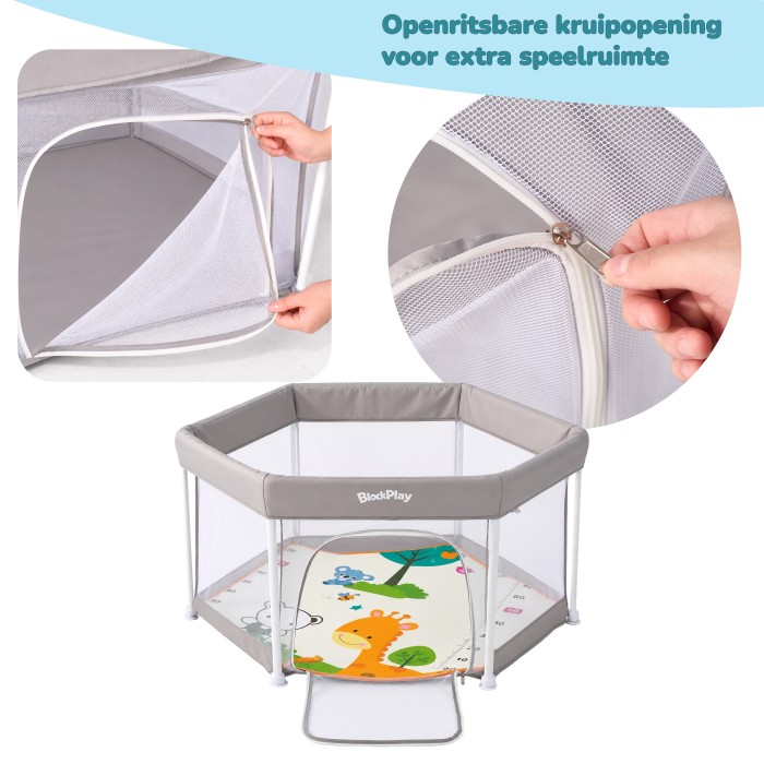 BlockPlay® Grondbox inklapbaar Baby Zeshoek 127x127 cm - Speelbox - Playpen - Kinderbox – Kruipbox – Ballenbak - Inclusief speelmat 50 speelballen draagtas en 2 optrek hendels – Grijs 