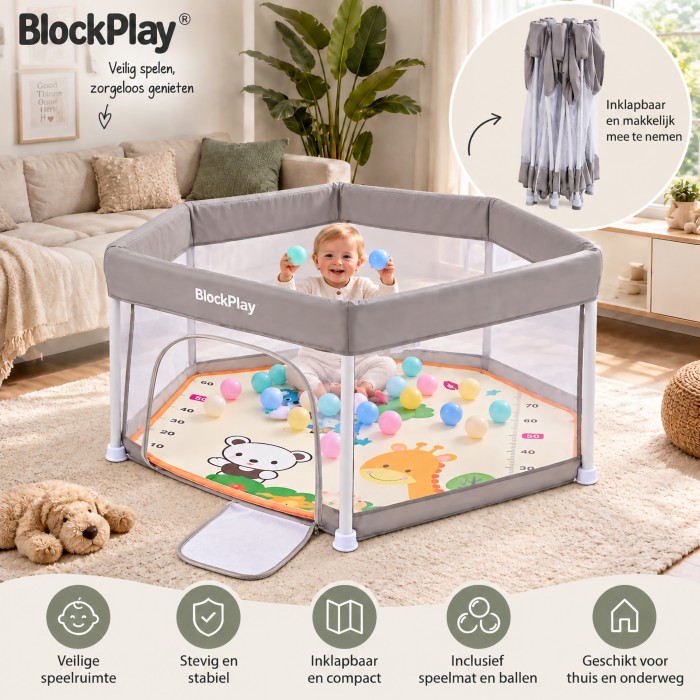 BlockPlay® Grondbox inklapbaar Baby Zeshoek 127x127 cm - Speelbox - Playpen - Kinderbox – Kruipbox – Ballenbak - Inclusief speelmat 50 speelballen draagtas en 2 optrek hendels – Grijs 