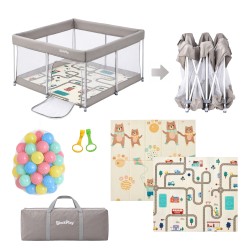 BlockPlay® Grondbox inklapbaar Baby 127x127 cm - Speelbox - Playpen - Kinderbox – Kruipbox – Ballenbak - Inclusief speelmat 50 speelballen draagtas en 2 optrek hendels – Grijs 