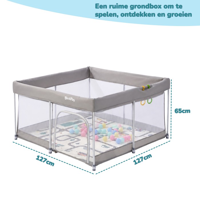 BlockPlay® Grondbox inklapbaar Baby 127x127 cm - Speelbox - Playpen - Kinderbox – Kruipbox – Ballenbak - Inclusief speelmat 50 speelballen draagtas en 2 optrek hendels – Grijs 