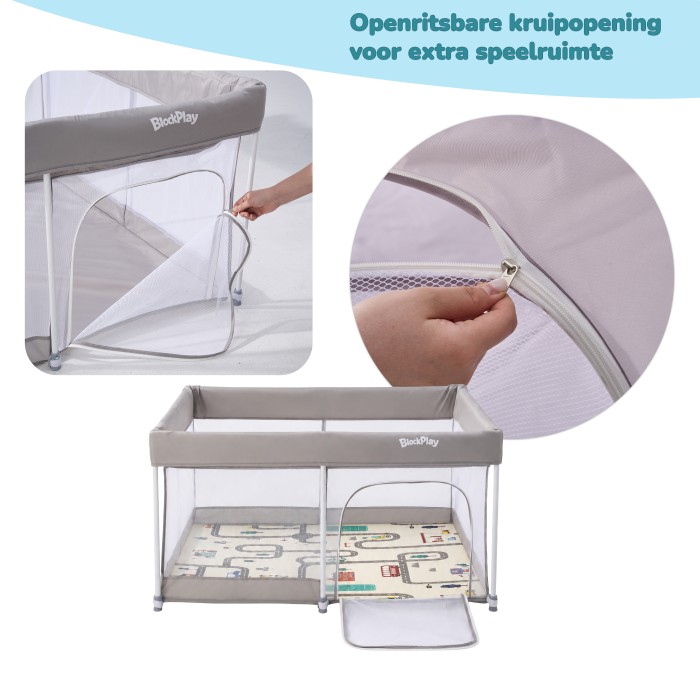BlockPlay® Grondbox inklapbaar Baby 127x127 cm - Speelbox - Playpen - Kinderbox – Kruipbox – Ballenbak - Inclusief speelmat 50 speelballen draagtas en 2 optrek hendels – Grijs 