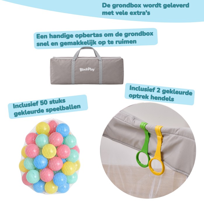 BlockPlay® Grondbox inklapbaar Baby 127x127 cm - Speelbox - Playpen - Kinderbox – Kruipbox – Ballenbak - Inclusief speelmat 50 speelballen draagtas en 2 optrek hendels – Grijs 