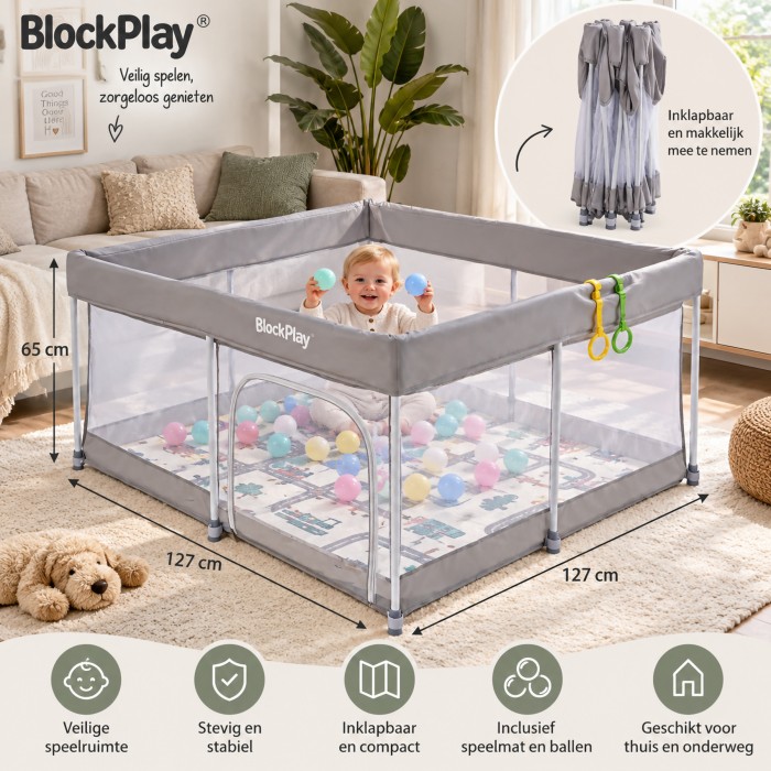 BlockPlay® Grondbox inklapbaar Baby 127x127 cm - Speelbox - Playpen - Kinderbox – Kruipbox – Ballenbak - Inclusief speelmat 50 speelballen draagtas en 2 optrek hendels – Grijs 