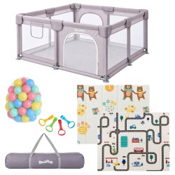 BlockPlay® Grondbox Baby 127x127 cm - Speelbox - Playpen - Baby box - Babypark - Parc bebe - Kinderbox - Kruipbox - Inclusief speelmat 50 speelballen draagtas en 4 optrek hendels - Grijs