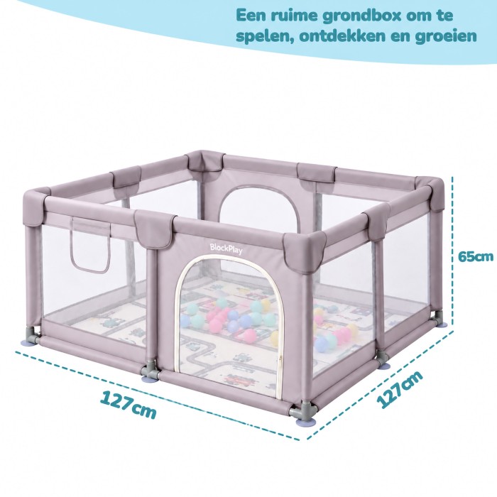 BlockPlay® Grondbox Baby 127x127 cm - Speelbox - Playpen - Baby box - Babypark - Parc bebe - Kinderbox - Kruipbox - Inclusief speelmat 50 speelballen draagtas en 4 optrek hendels - Grijs