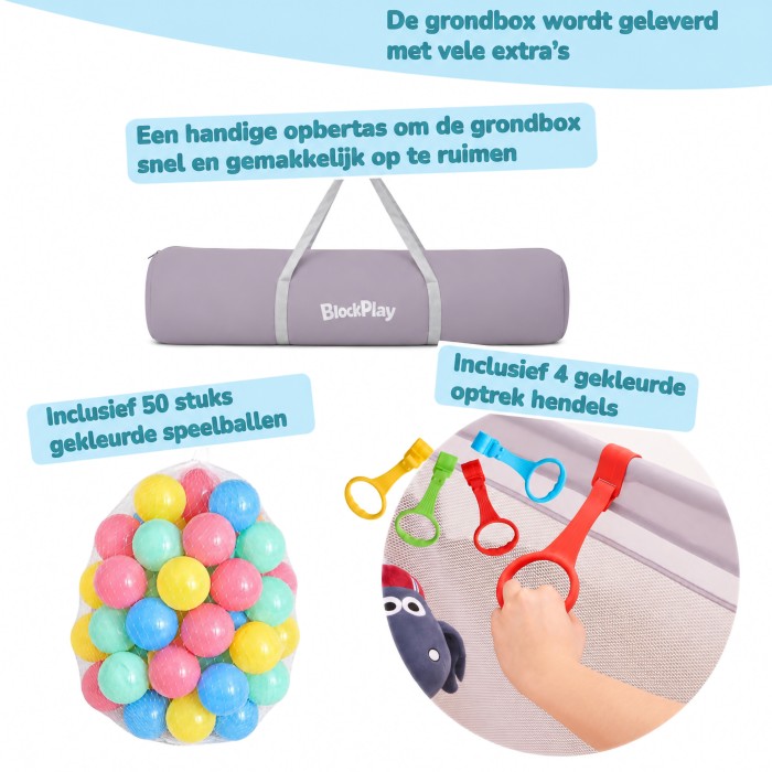 BlockPlay® Grondbox Baby 127x127 cm - Speelbox - Playpen - Baby box - Babypark - Parc bebe - Kinderbox - Kruipbox - Inclusief speelmat 50 speelballen draagtas en 4 optrek hendels - Grijs