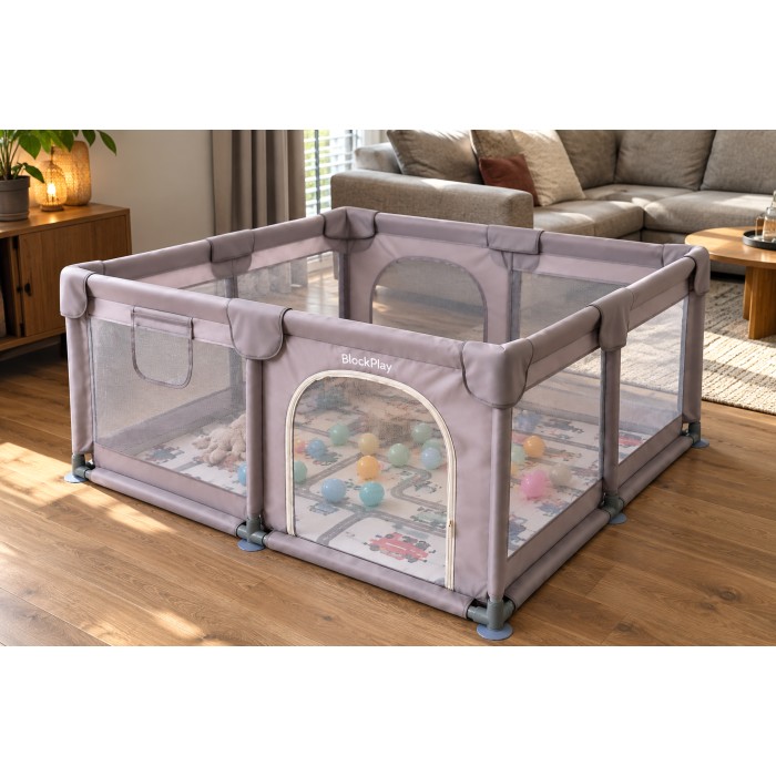 BlockPlay® Grondbox Baby 127x127 cm - Speelbox - Playpen - Baby box - Babypark - Parc bebe - Kinderbox - Kruipbox - Inclusief speelmat 50 speelballen draagtas en 4 optrek hendels - Grijs