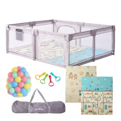 BlockPlay® Grondbox Baby 150x180 cm - Speelbox - Playpen - Baby box - Babypark - Parc bebe - Kinderbox - Kruipbox - Inclusief speelmat 50 speelballen draagtas en 4 optrek hendels - Grijs stad