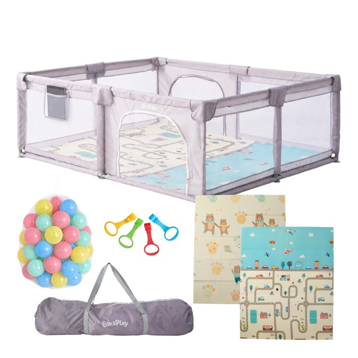 BlockPlay® Grondbox Baby 150x180 cm - Speelbox - Playpen - Baby box - Babypark - Parc bebe - Kinderbox - Kruipbox - Inclusief speelmat 50 speelballen draagtas en 4 optrek hendels - Grijs stad
