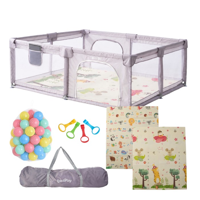 BlockPlay® Grondbox Baby 150x180 cm - Speelbox - Playpen - Baby box - Babypark - Parc bebe - Kinderbox - Kruipbox - Inclusief speelmat 50 speelballen draagtas en 4 optrek hendels - Grijs Alfabet