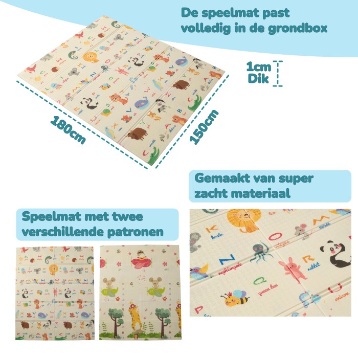 BlockPlay® Grondbox Baby 150x180 cm - Speelbox - Playpen - Baby box - Babypark - Parc bebe - Kinderbox - Kruipbox - Inclusief speelmat 50 speelballen draagtas en 4 optrek hendels - Grijs Alfabet