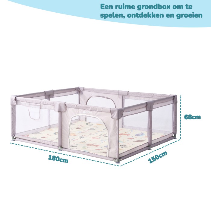 BlockPlay® Grondbox Baby 150x180 cm - Speelbox - Playpen - Baby box - Babypark - Parc bebe - Kinderbox - Kruipbox - Inclusief speelmat 50 speelballen draagtas en 4 optrek hendels - Grijs stad