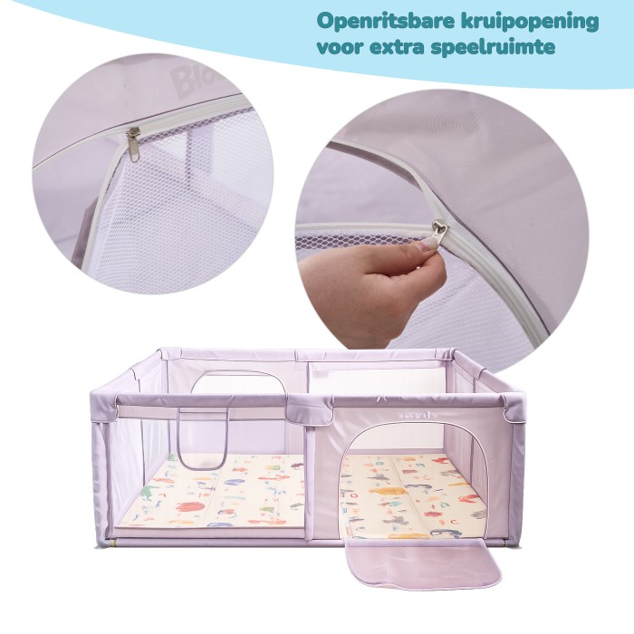 BlockPlay® Grondbox Baby 150x180 cm - Speelbox - Playpen - Baby box - Babypark - Parc bebe - Kinderbox - Kruipbox - Inclusief speelmat 50 speelballen draagtas en 4 optrek hendels - Grijs stad