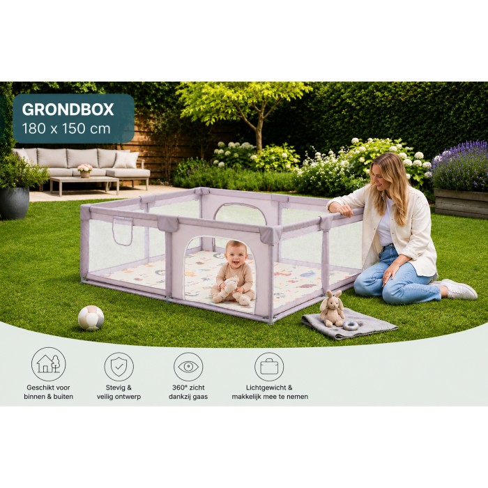 BlockPlay® Grondbox Baby 150x180 cm - Speelbox - Playpen - Baby box - Babypark - Parc bebe - Kinderbox - Kruipbox - Inclusief speelmat 50 speelballen draagtas en 4 optrek hendels - Grijs Alfabet