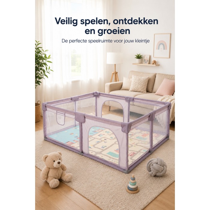 BlockPlay® Grondbox Baby 150x180 cm - Speelbox - Playpen - Baby box - Babypark - Parc bebe - Kinderbox - Kruipbox - Inclusief speelmat 50 speelballen draagtas en 4 optrek hendels - Grijs stad
