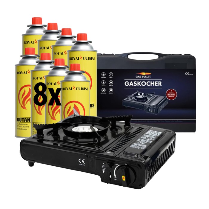 BlockTravel - Gasstelletje noodpakket - Camping gasstel - Gasbrander - Kooktoestel - incl. 8 Butaan Gasbussen - Gas Stove - Draagkoffer