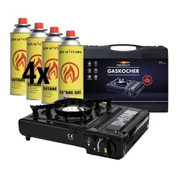 BlockTravel - Gasstelletje noodpakket - Camping gasstel - Gasbrander - kooktoestel - incl. 4 Butaan Gasbussen - Gas Stove - Draagkoffer