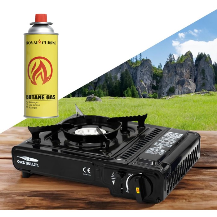 BlockTravel - Gasstelletje noodpakket - Camping gasstel - Gasbrander - kooktoestel - incl. 4 Butaan Gasbussen - Gas Stove - Draagkoffer