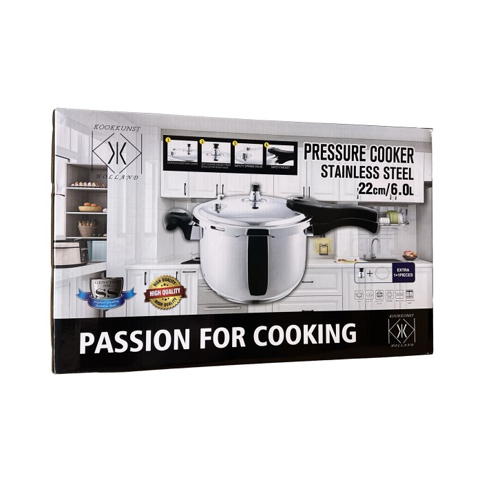 Kookkunst Holland Snelkookpan Inductie 6L – Hogedrukpan / Snelkoker RVS 22 cm – Pressure Cooker met 6 Veiligheden – Geschikt voor Alle Warmtebronnen