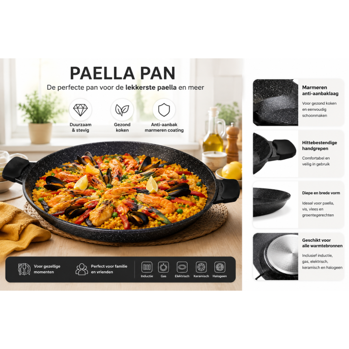 Kookkunst Holland Paella Pan Inductie - Kookpan met Silicone Koude Handgrepen - Ø 40 cm - Inductie Pannen - Gietaluminium - Marmeren Anti-aanbaklaag - PFOA-vrij