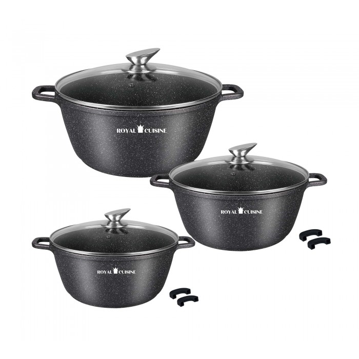 Royal Cuisine Amsterdam pannenset inductie met deksels - koudgrepen – zwart Ø 20, 24 & 28 cm – 3 delig Royal Cuisine Amsterdam pannenset inductie met deksels - koudgrepen – zwart Ø 20, 24 & 28 cm – 3 delig