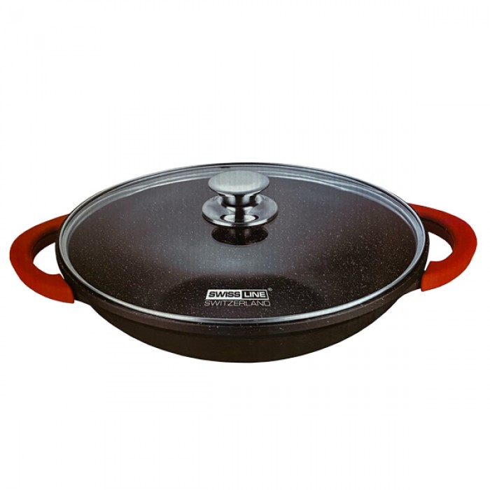 Swiss Line wokpan met glazen deksel Ø 36 cm - inductie - koudgrepen Swiss Line wokpan met glazen deksel Ø 36 cm - inductie - koudgrepen