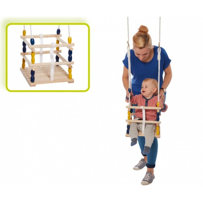 Happy People houten schommelzitje met tralies 30 cm blauw/geel Happy People houten schommelzitje met tralies 30 cm blauw/geel